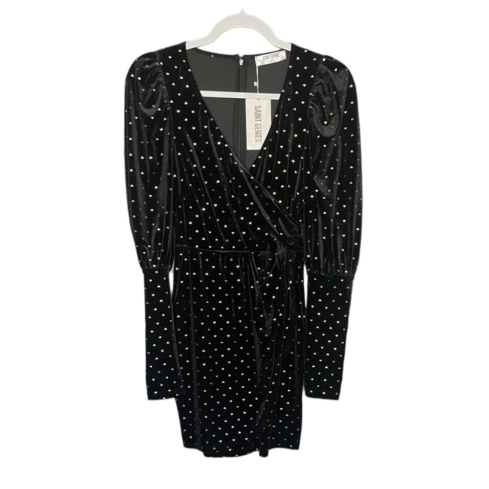 Saint Genies Heart Print Velvet Faux Wrap Mini Dress Black and Gold NWT - Picture 2 of 14